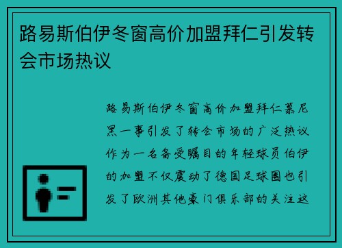 路易斯伯伊冬窗高价加盟拜仁引发转会市场热议